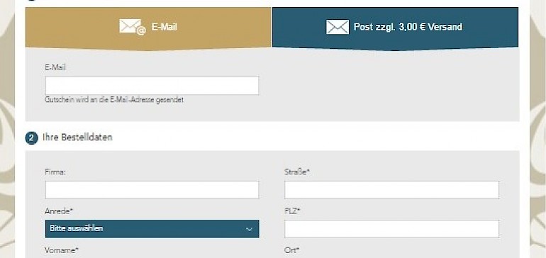 Kontaktdaten und Zahlungsdaten eingeben, Versandart auswählen und fertig ist Ihr Gutschein