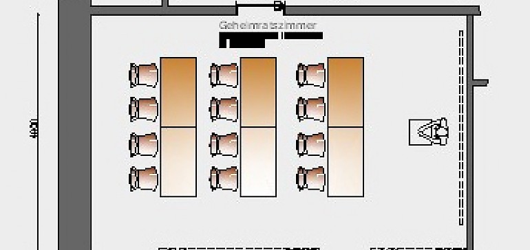 Raumskizze Geheimratszimmer in parlamentarischer Bestuhlung