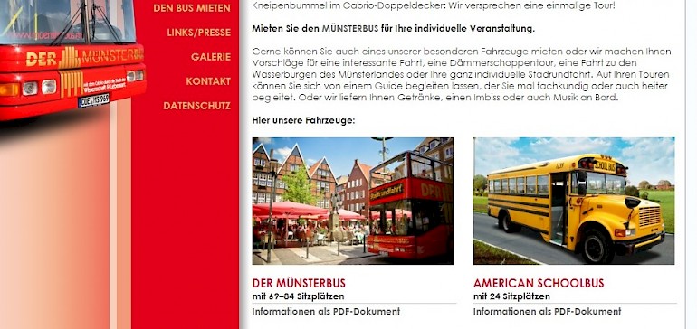 Der Screenshot der TCT-Touristik Webseite zeigt die mietbaren Busse